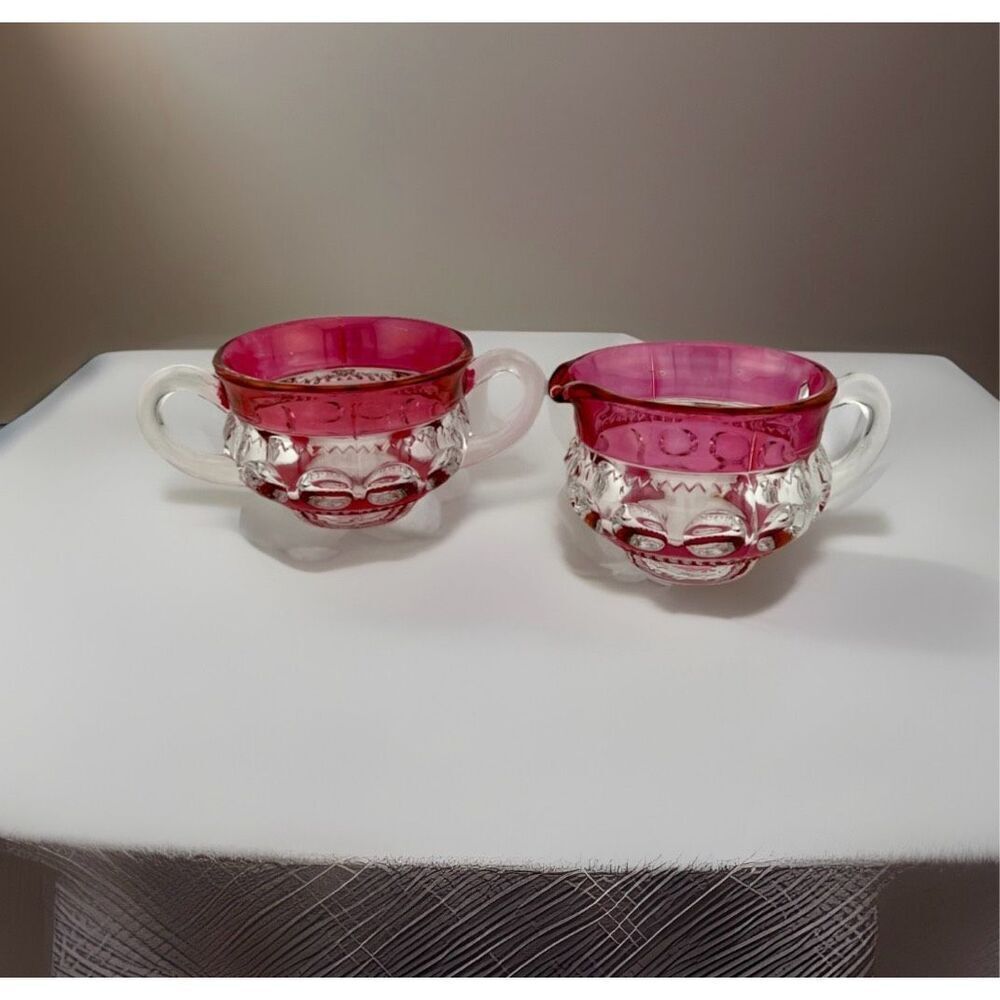 Vintage King's Crown-Cranberry Flashed by Tiffin-Franciscan Cream Sugar